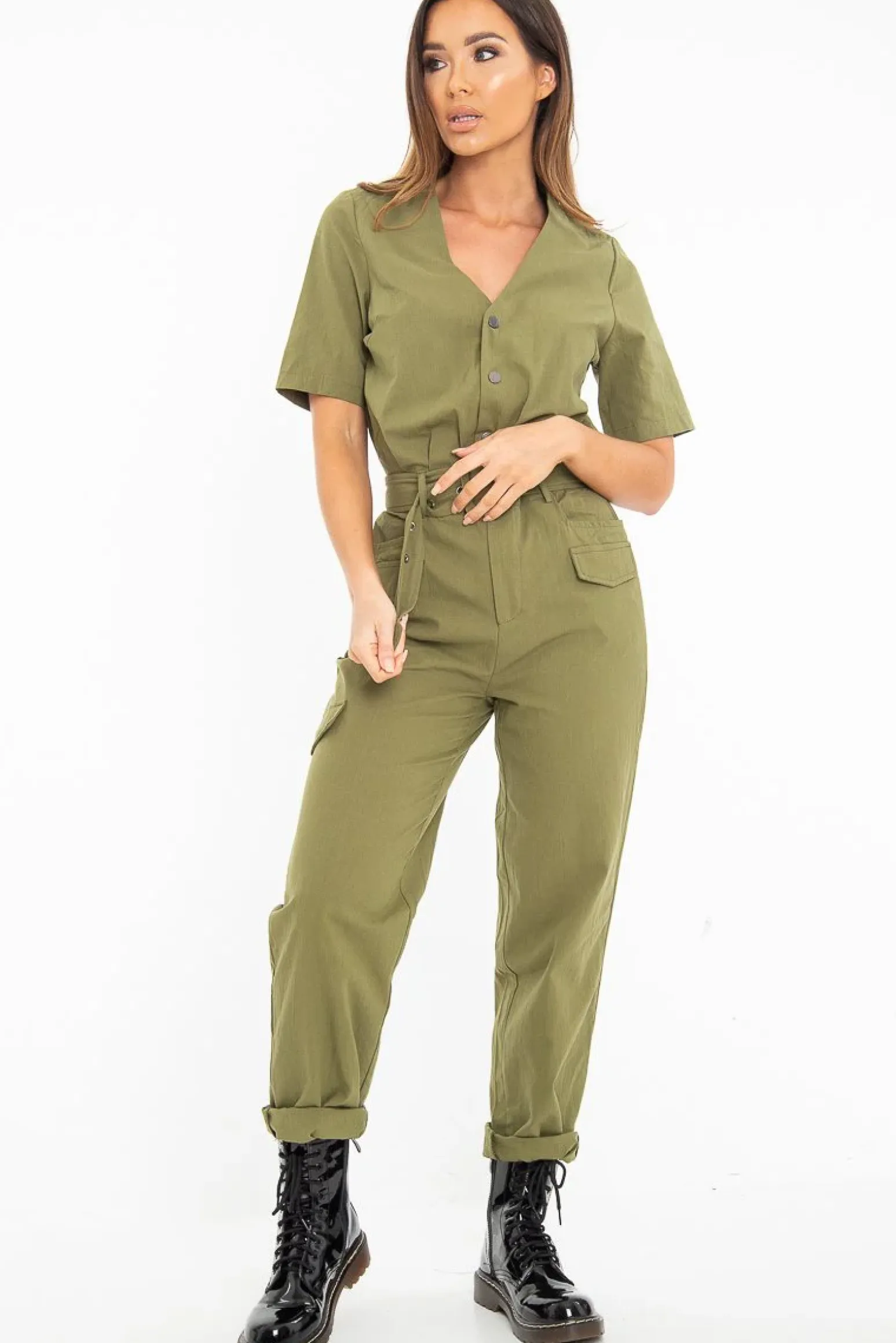 Rebellious Fashion Khaki Woven Button Front Belted Jumpsuit - Suzanna