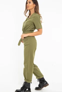 Rebellious Fashion Khaki Woven Button Front Belted Jumpsuit - Suzanna