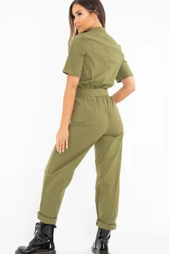 Rebellious Fashion Khaki Woven Button Front Belted Jumpsuit - Suzanna