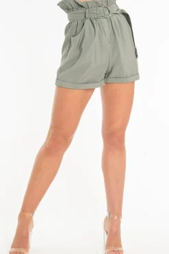 Rebellious Fashion Khaki Woven O Ring Paperbag Waist Shorts - Carmin