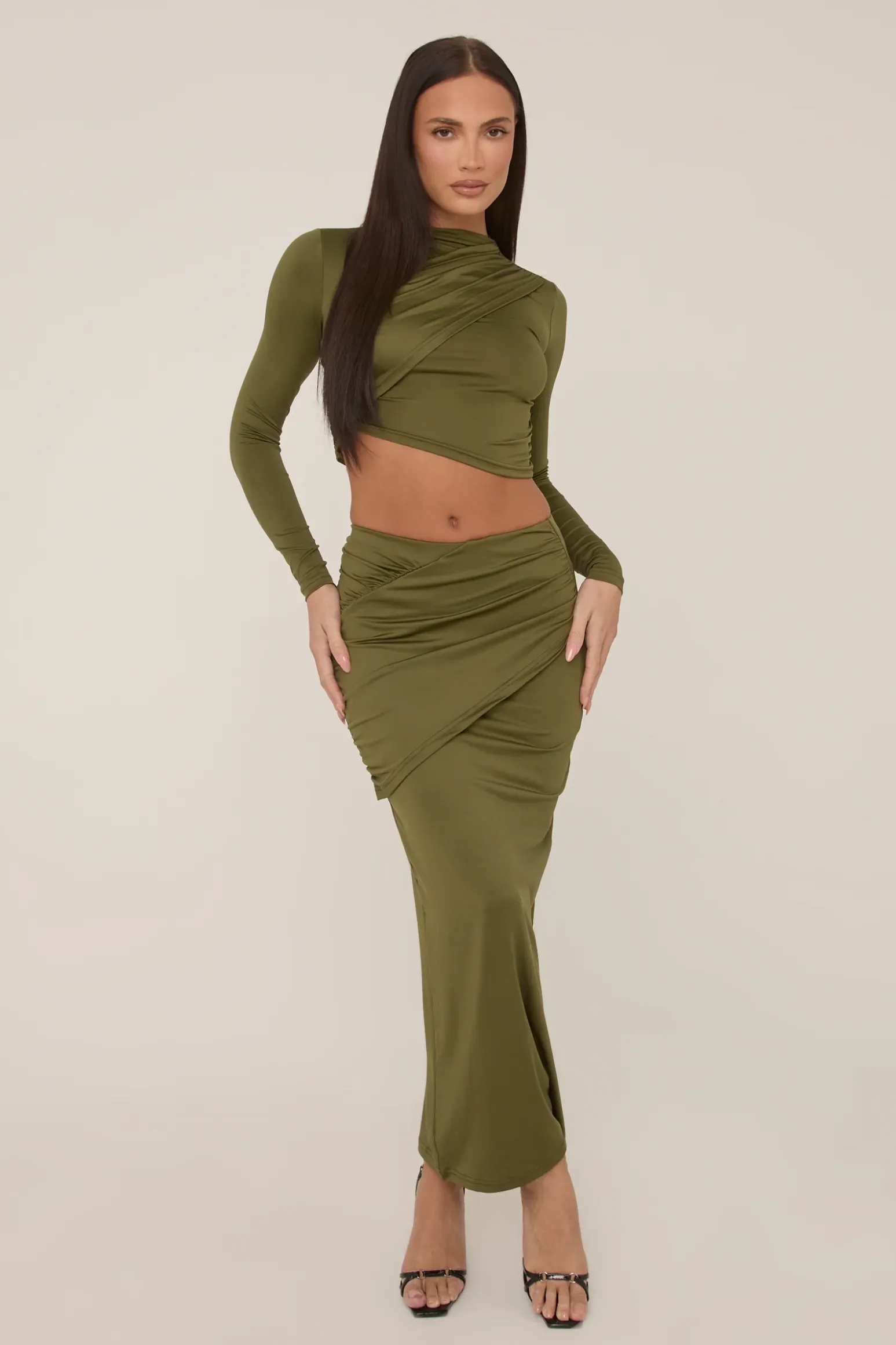 Rebellious Fashion Khaki Wrap Detail Maxi Skirt Co-ord - Eleanor