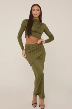 Rebellious Fashion Khaki Wrap Detail Maxi Skirt Co-ord - Eleanor