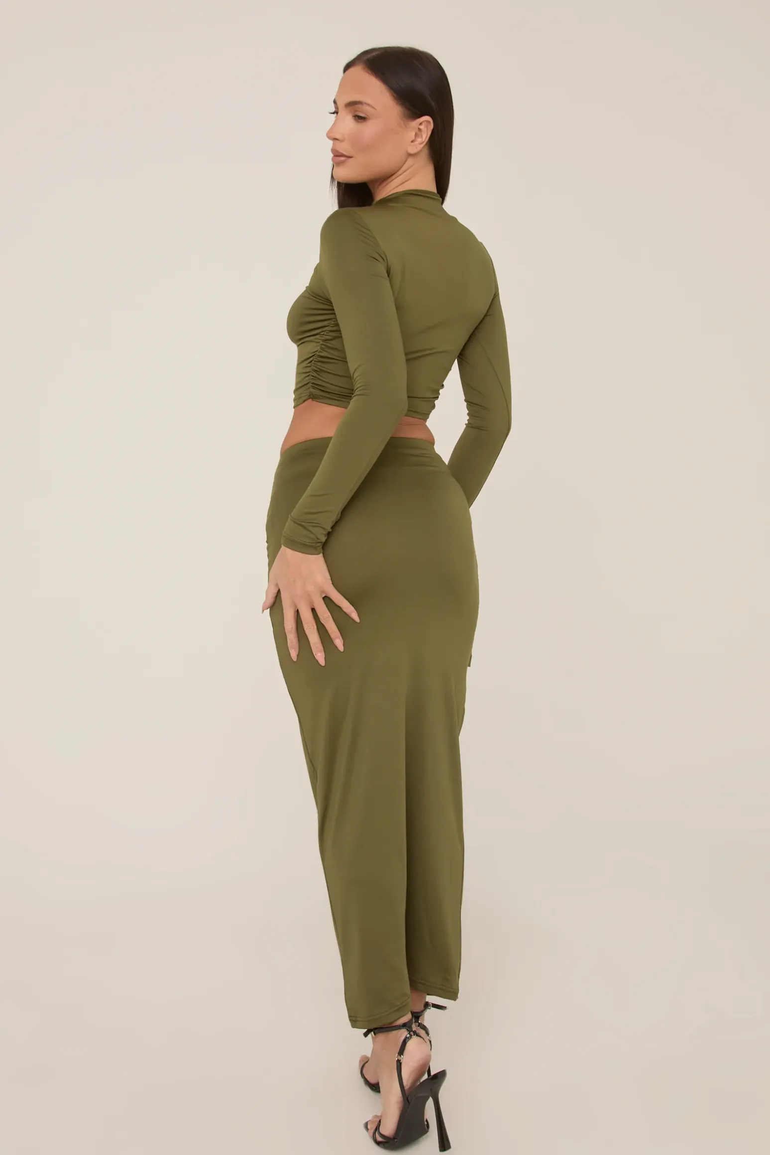 Rebellious Fashion Khaki Wrap Detail Maxi Skirt Co-ord - Eleanor