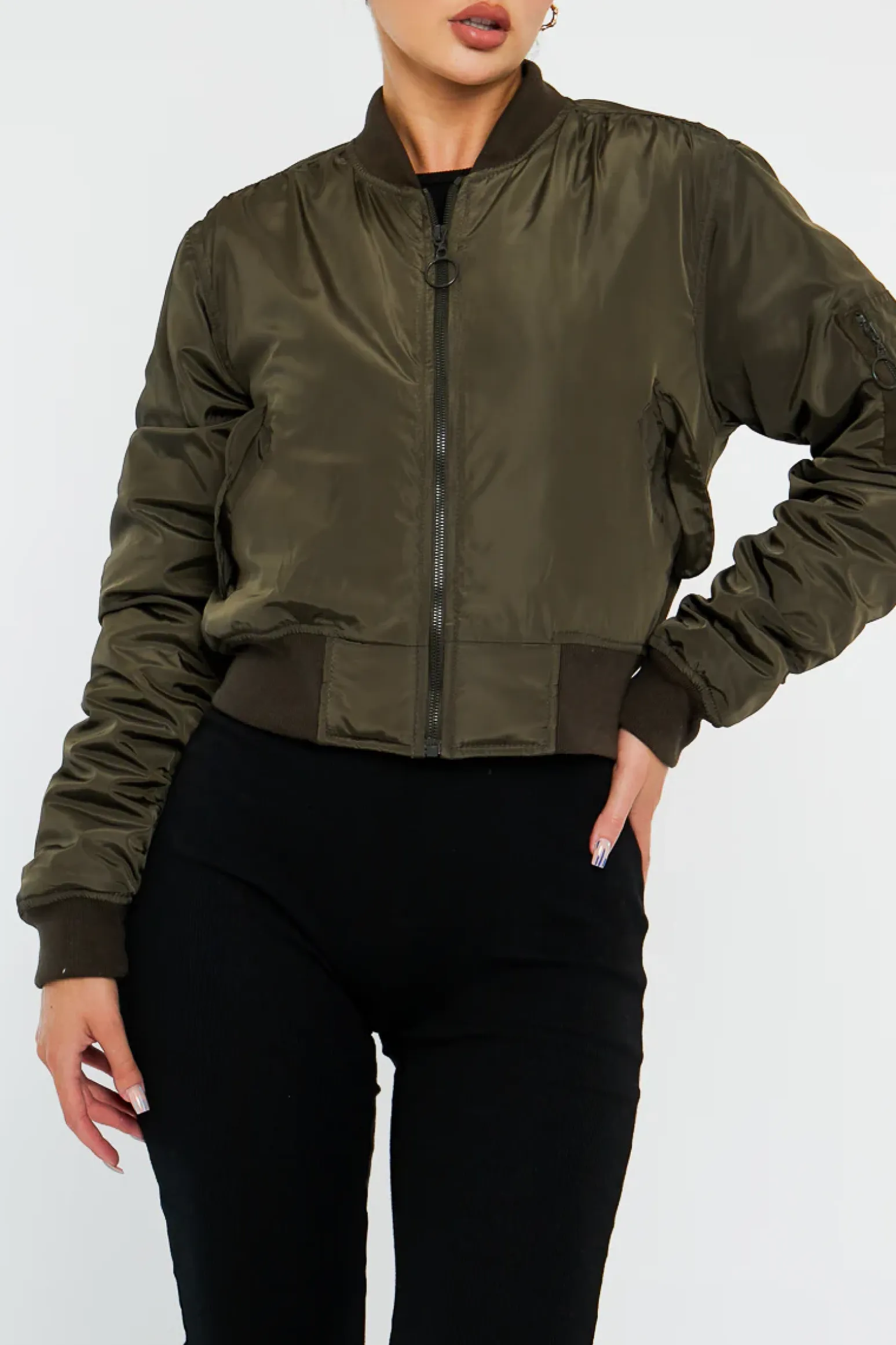 Rebellious Fashion Khaki Zip Front Bomber Jacket - Jiya
