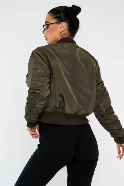 Rebellious Fashion Khaki Zip Front Bomber Jacket - Jiya