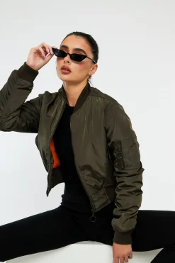 Rebellious Fashion Khaki Zip Front Bomber Jacket - Jiya