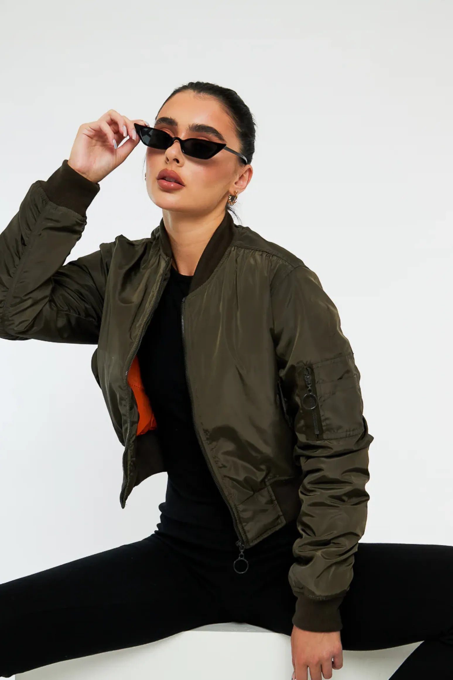 Rebellious Fashion Khaki Zip Front Bomber Jacket - Jiya