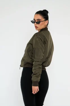 Rebellious Fashion Khaki Zip Front Bomber Jacket - Jiya