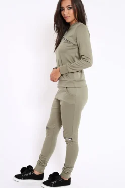 Rebellious Fashion Khaki Zip Loungewear Set - Kelly