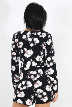 Rebellious Fashion Khloe Blue Floral Long Sleeved Playsuit