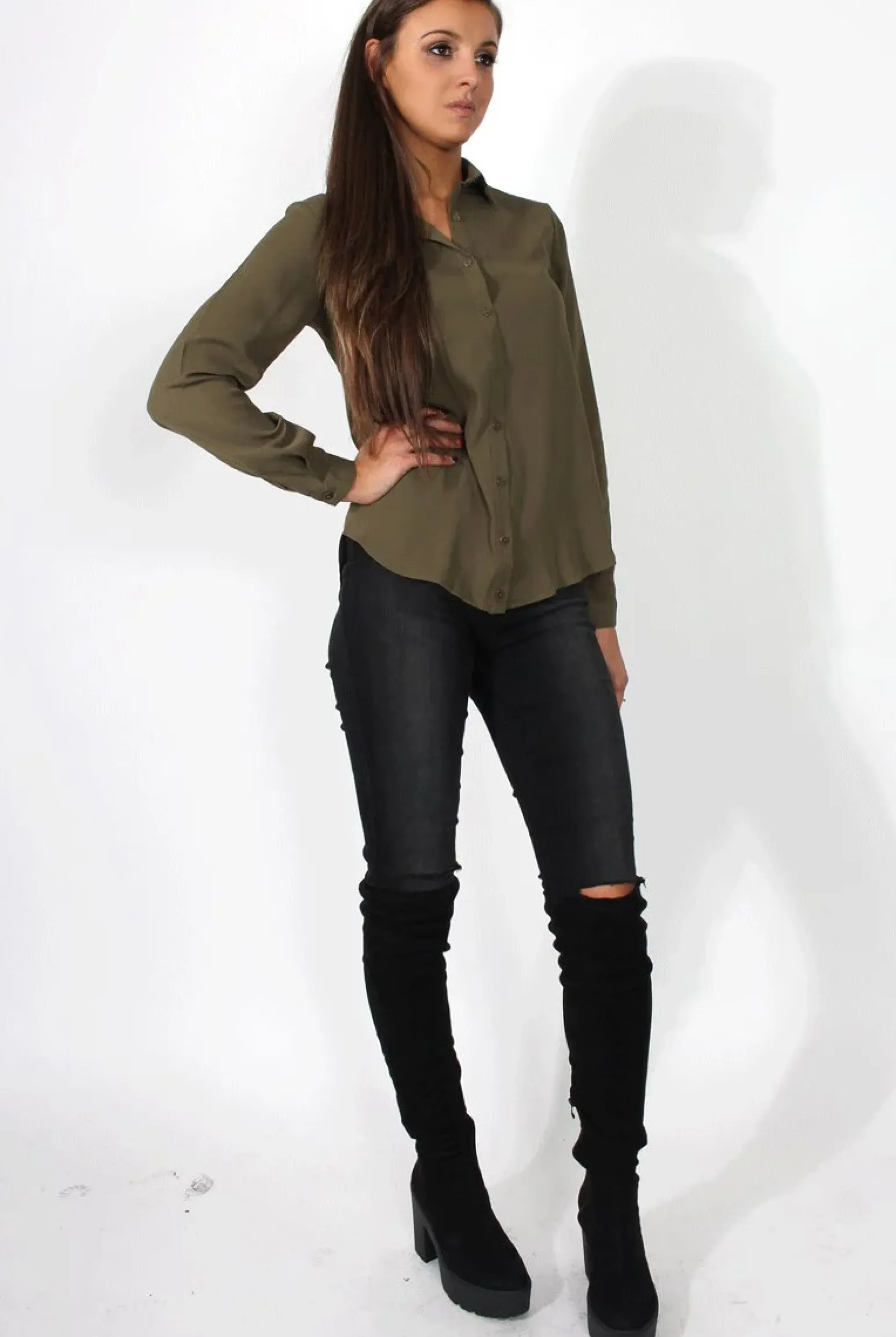 Rebellious Fashion Kira Khaki Tie Back Shirt