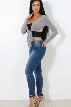 Rebellious Fashion Kola Grey Tie Front Crop Top
