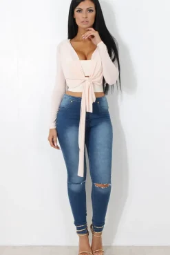 Rebellious Fashion Kola Nude Tie Front Crop Top