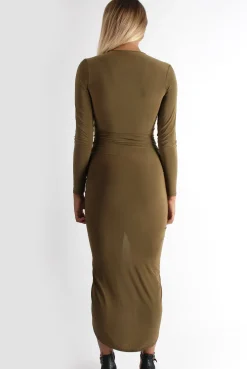Rebellious Fashion Kristen Khaki Ruched Front Dress