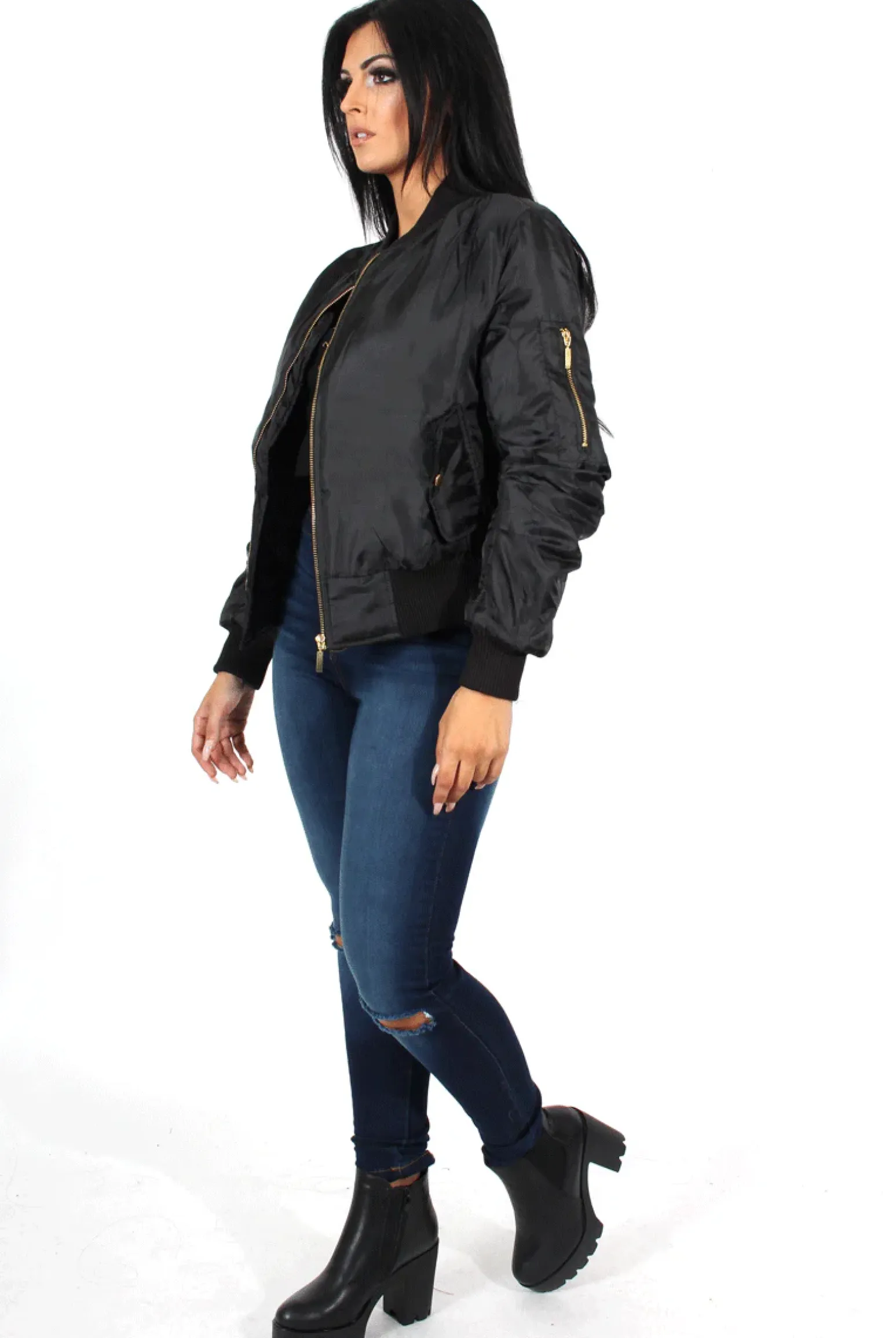 Rebellious Fashion Kylie Black Zip Front Bomber Jacket