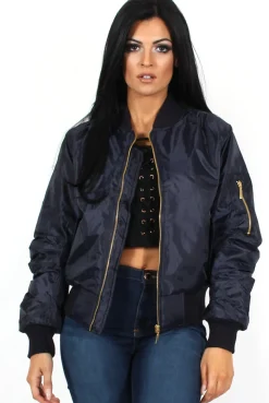Rebellious Fashion Kylie Blue Zip Front Bomber Jacket