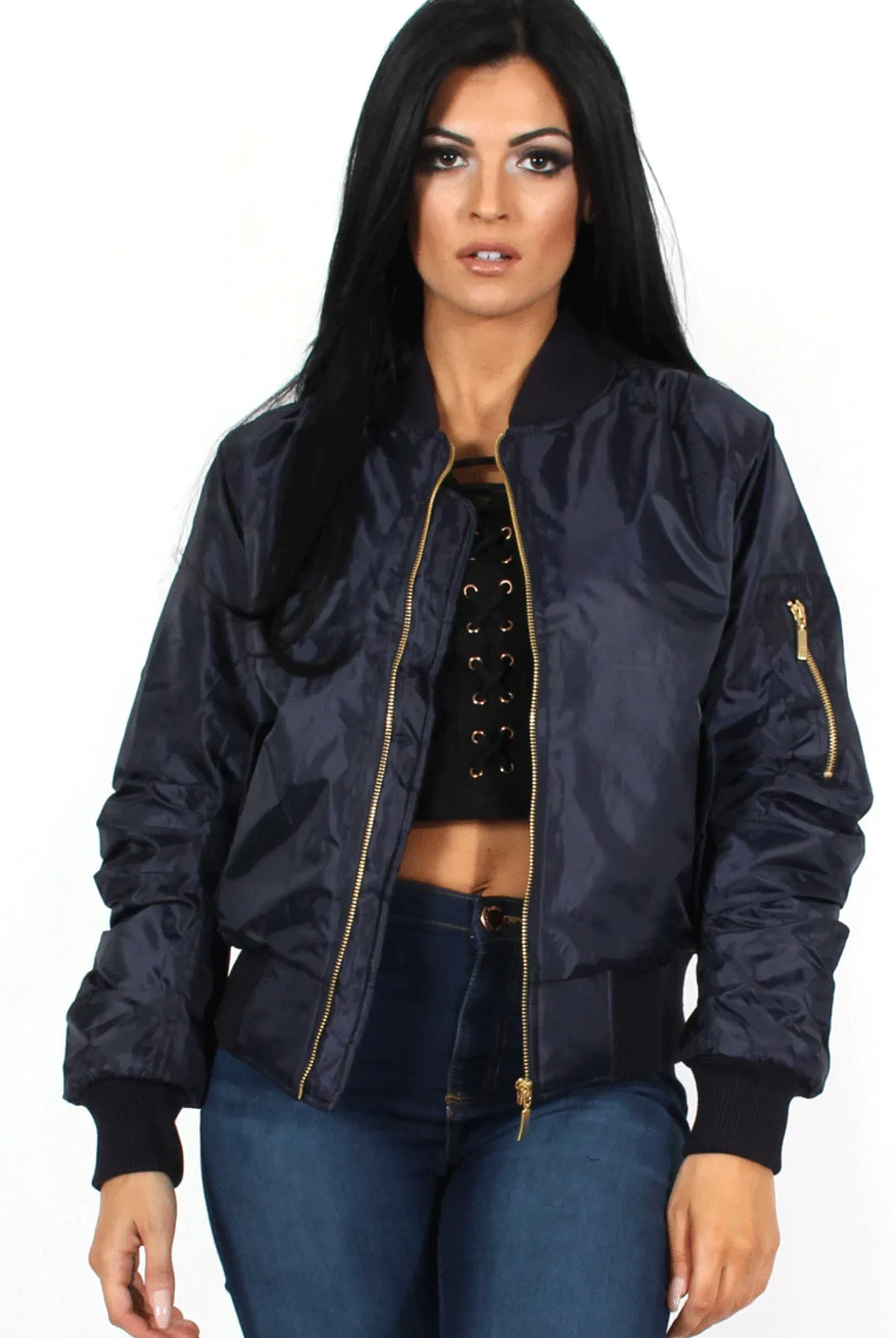 Rebellious Fashion Kylie Blue Zip Front Bomber Jacket