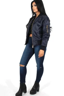 Rebellious Fashion Kylie Blue Zip Front Bomber Jacket