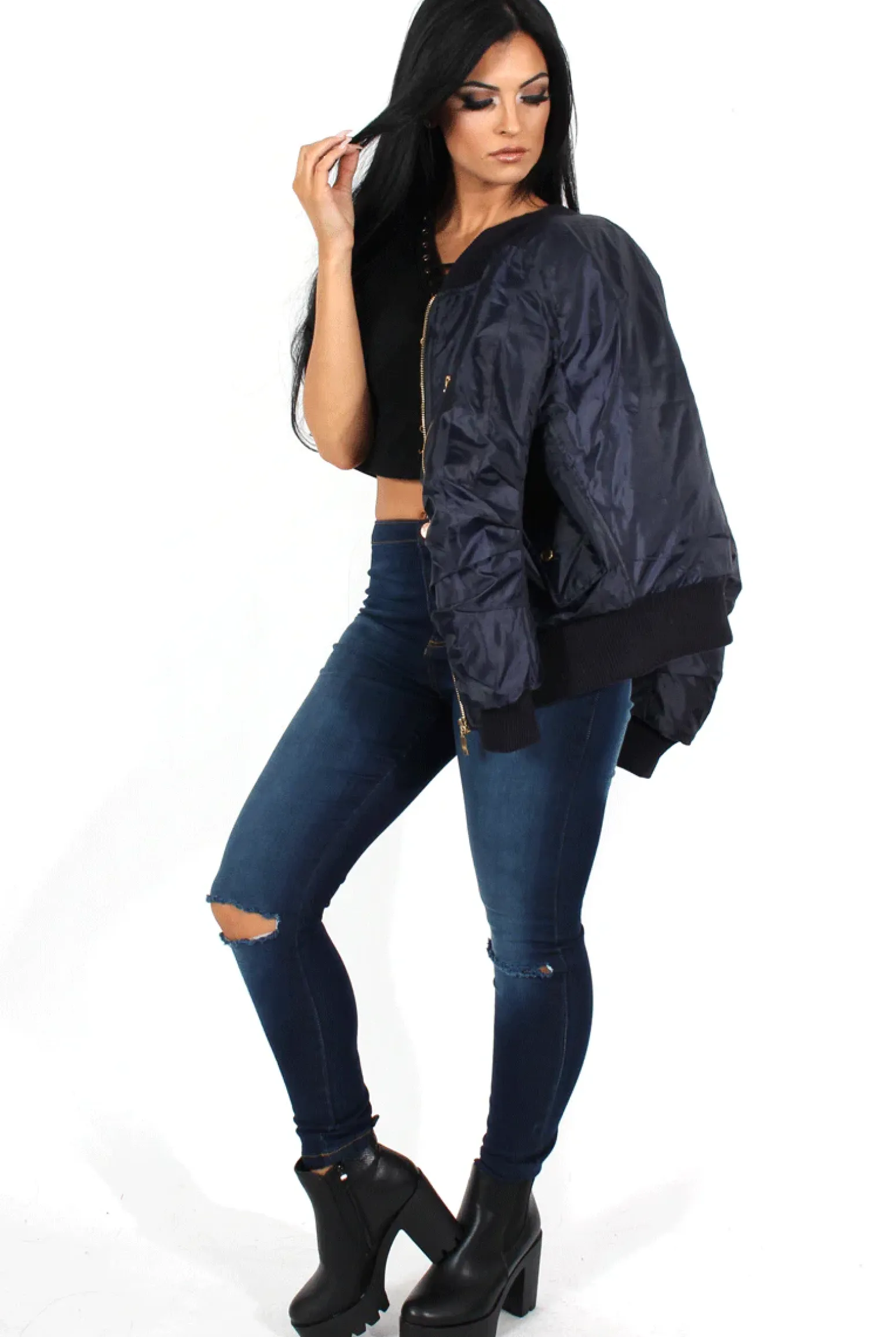 Rebellious Fashion Kylie Blue Zip Front Bomber Jacket