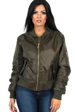 Rebellious Fashion Kylie Khaki Zip Front Bomber Jacket