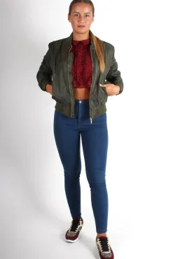 Rebellious Fashion Kylie Khaki Zip Front Bomber Jacket