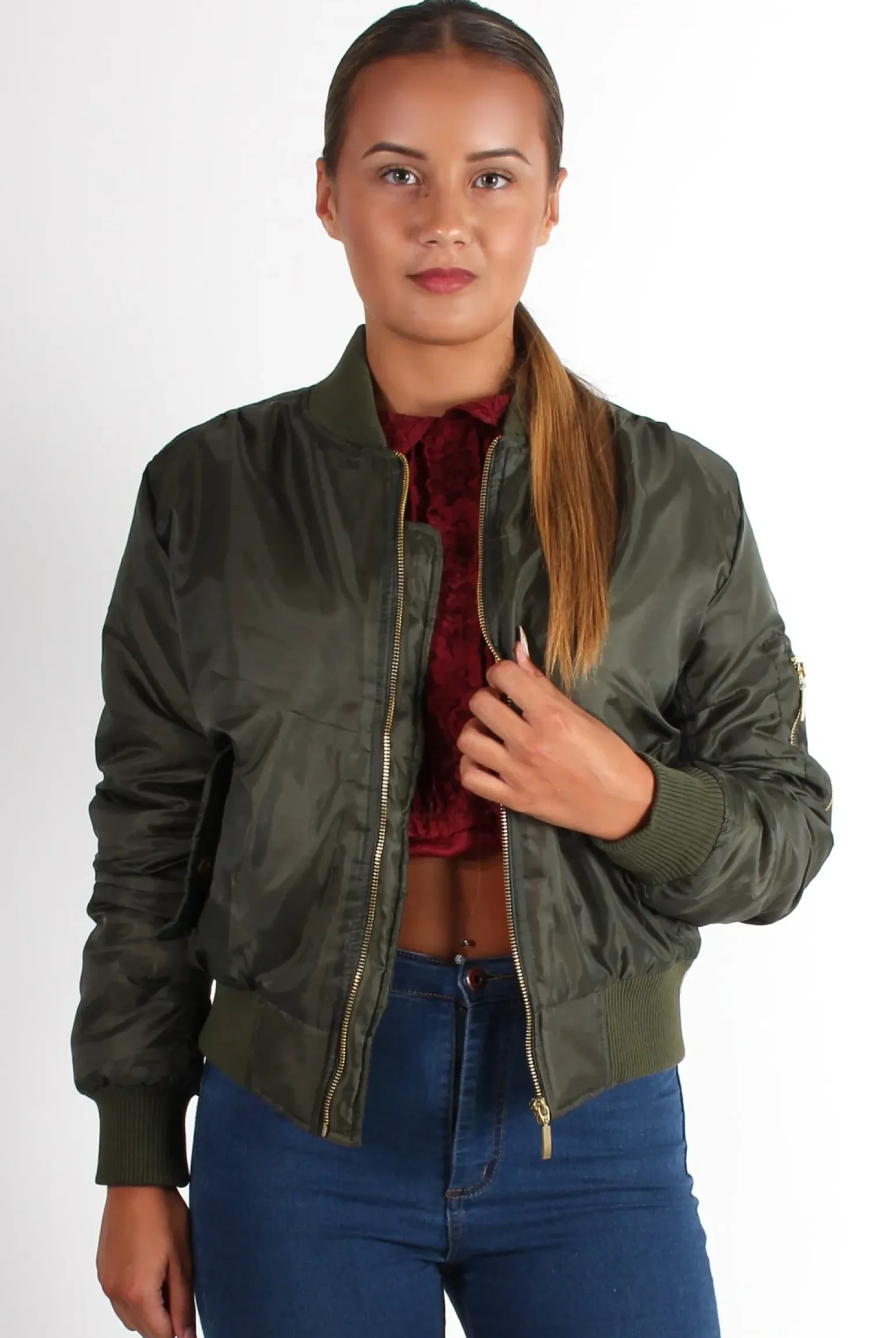 Rebellious Fashion Kylie Khaki Zip Front Bomber Jacket