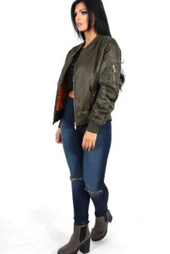 Rebellious Fashion Kylie Khaki Zip Front Bomber Jacket