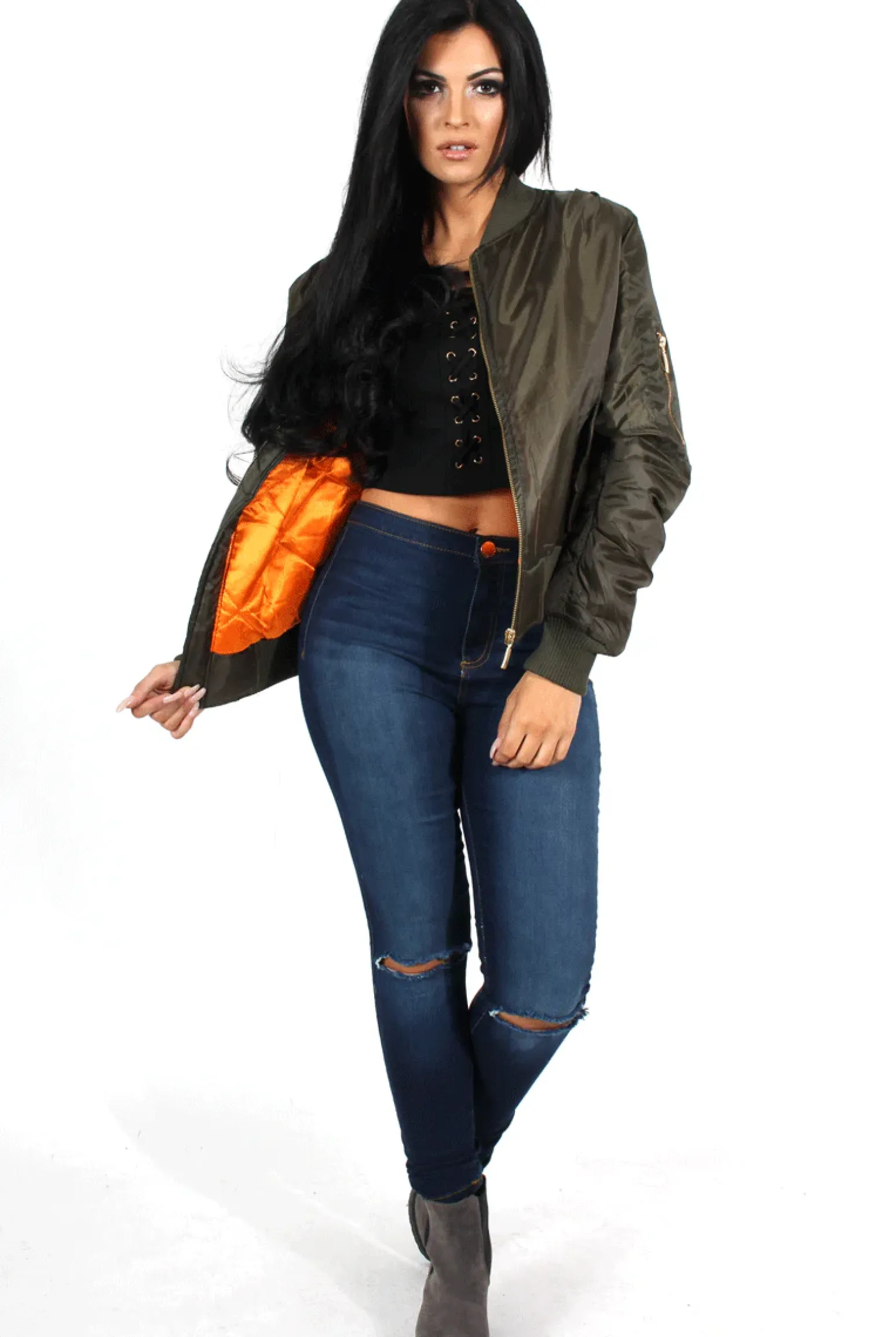 Rebellious Fashion Kylie Khaki Zip Front Bomber Jacket