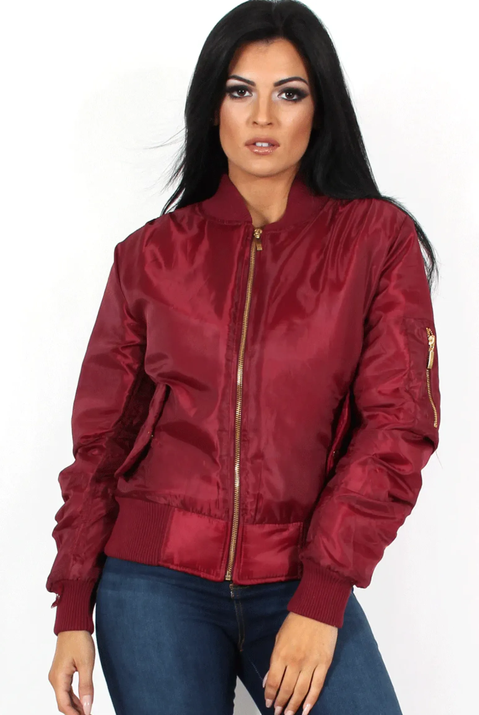 Rebellious Fashion Kylie Wine Zip Front Bomber Jacket