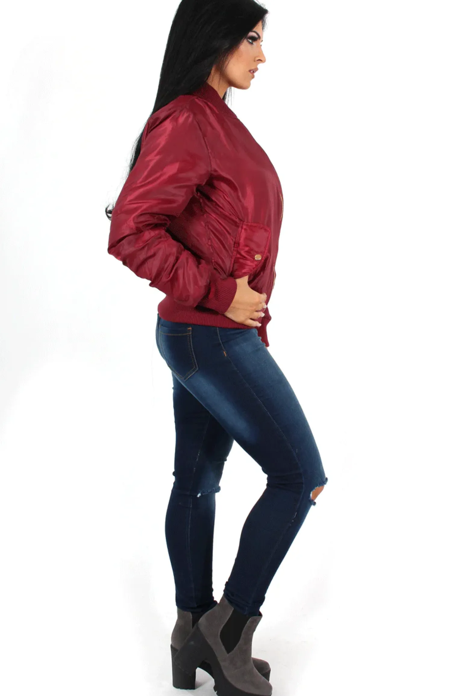 Rebellious Fashion Kylie Wine Zip Front Bomber Jacket