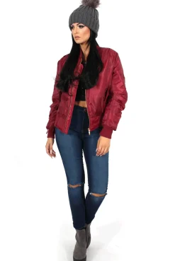 Rebellious Fashion Kylie Wine Zip Front Bomber Jacket