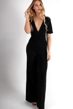 Rebellious Fashion Lara Black Rushed V Front Jumpsuit