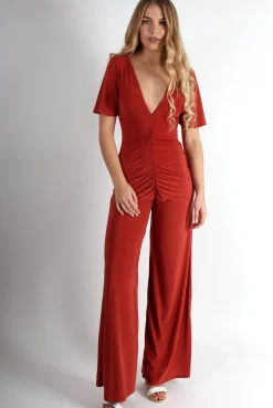 Rebellious Fashion Lara Copper Rushed V Front Jumpsuit