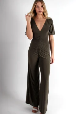 Rebellious Fashion Lara Khaki Rushed V Front Jumpsuit