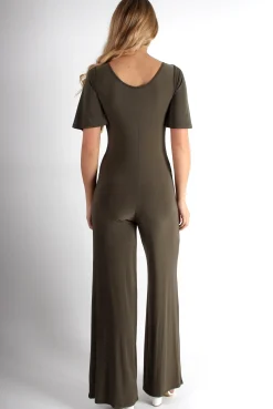 Rebellious Fashion Lara Khaki Rushed V Front Jumpsuit