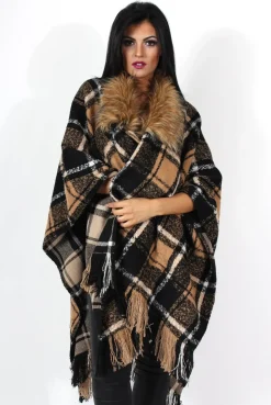 Rebellious Fashion Latoya Beige Faux Fur Trimmed Cape