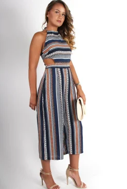 Rebellious Fashion Lauren Blue/Orange Aztec Stripe Jumpsuit