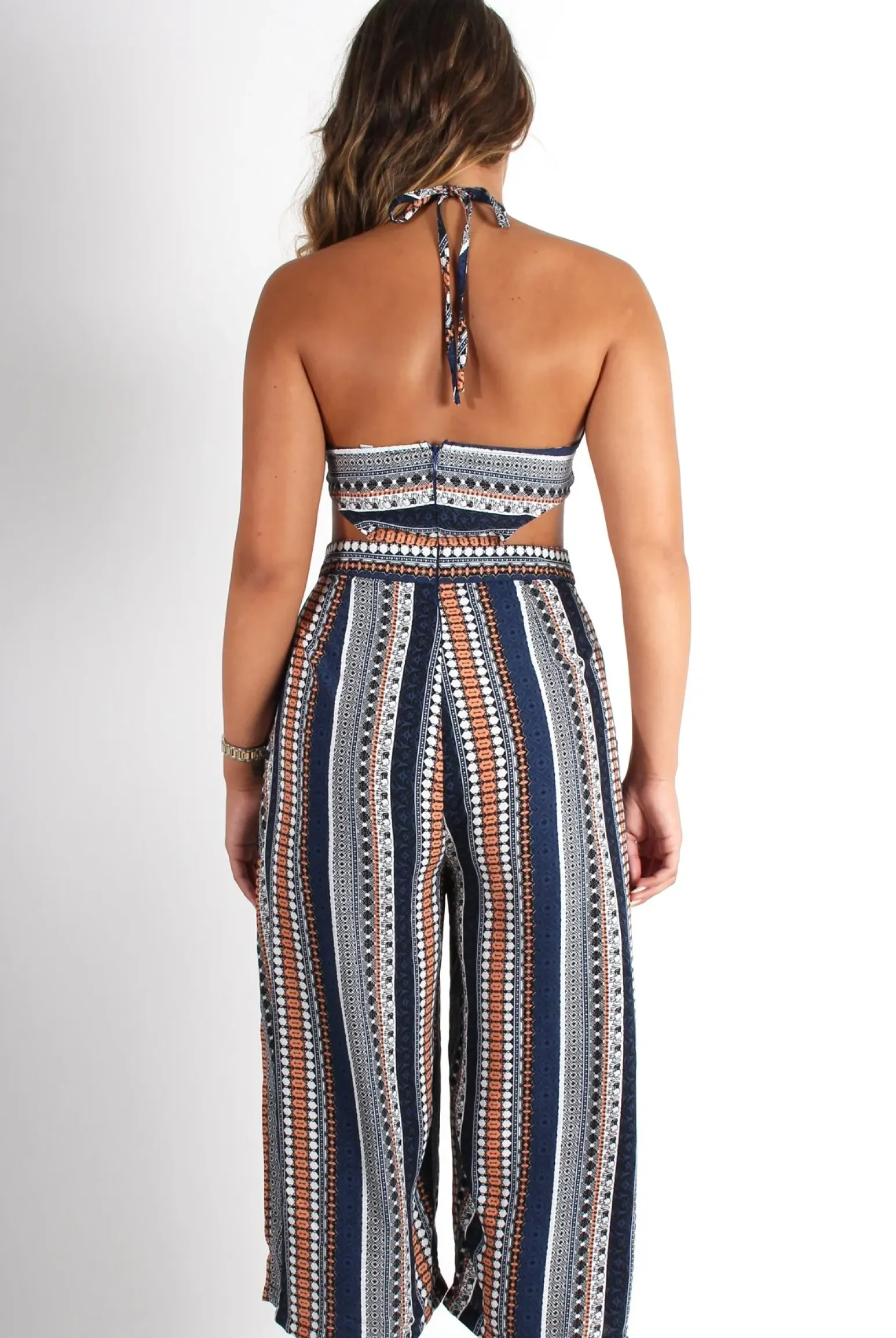 Rebellious Fashion Lauren Blue/Orange Aztec Stripe Jumpsuit