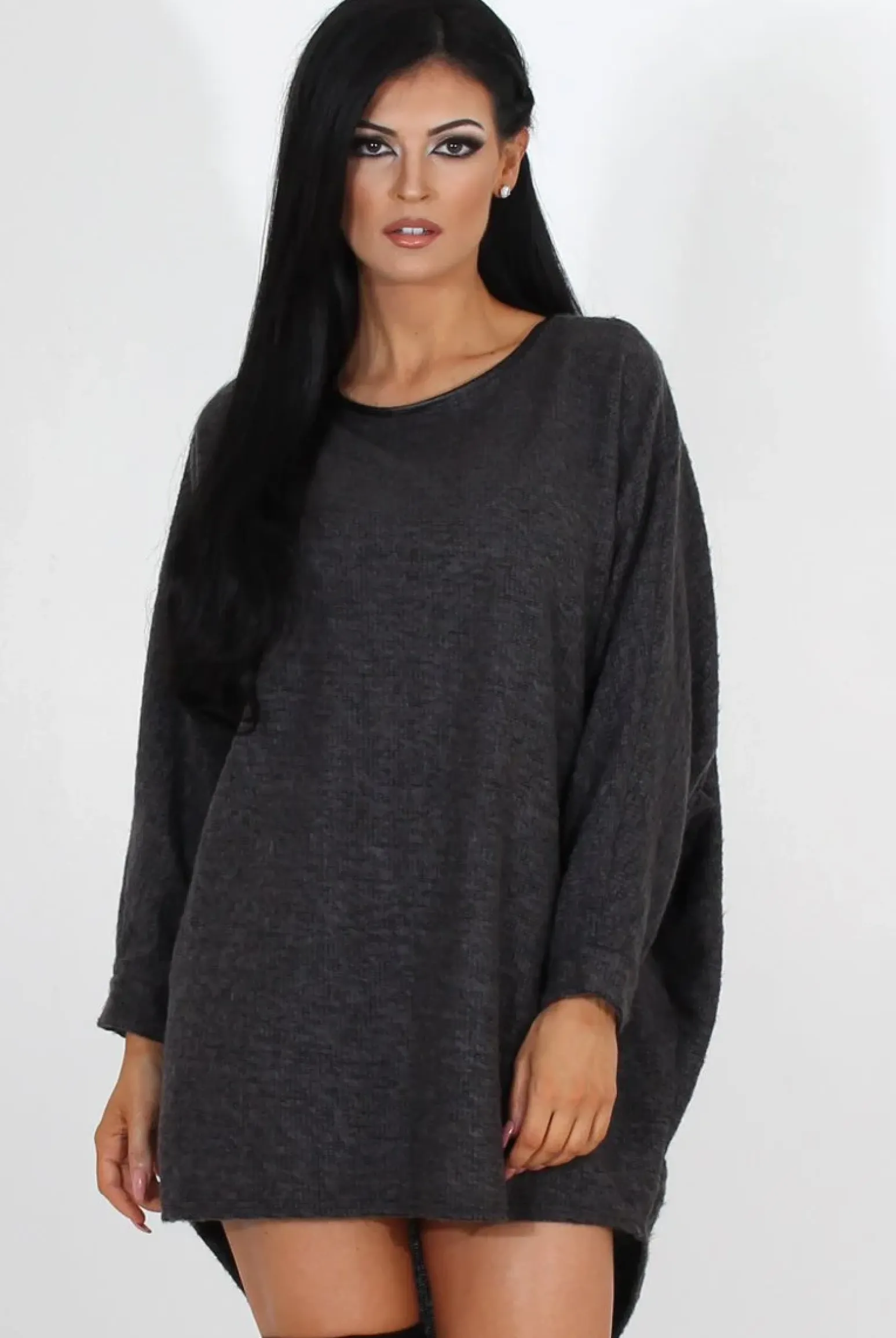Rebellious Fashion Leah Dark Grey Drooped Back Jumper Dress