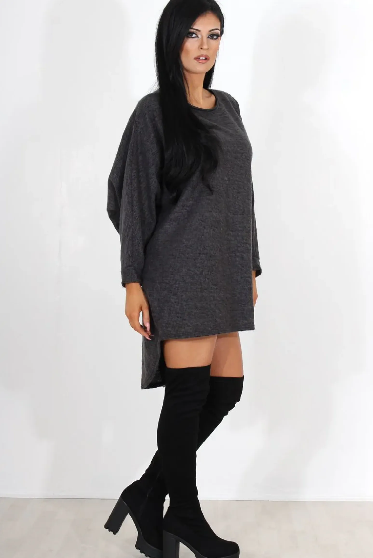 Rebellious Fashion Leah Dark Grey Drooped Back Jumper Dress