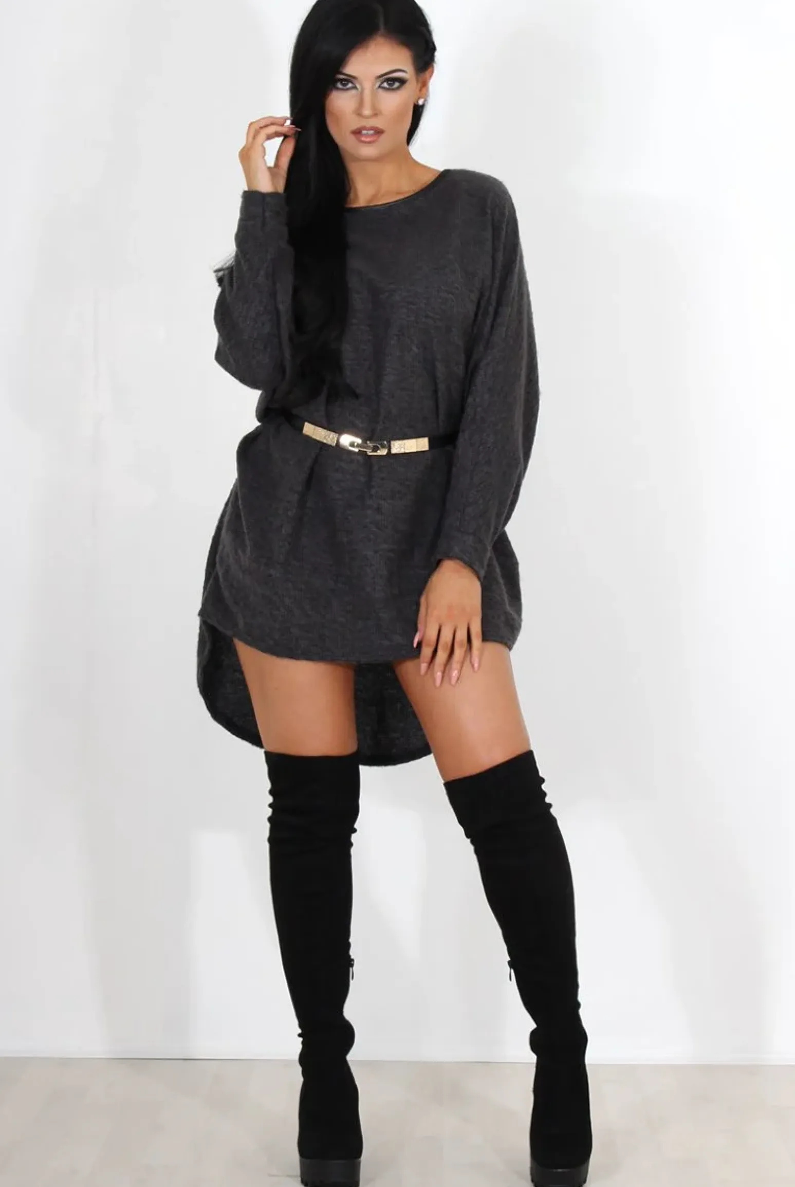 Rebellious Fashion Leah Dark Grey Drooped Back Jumper Dress