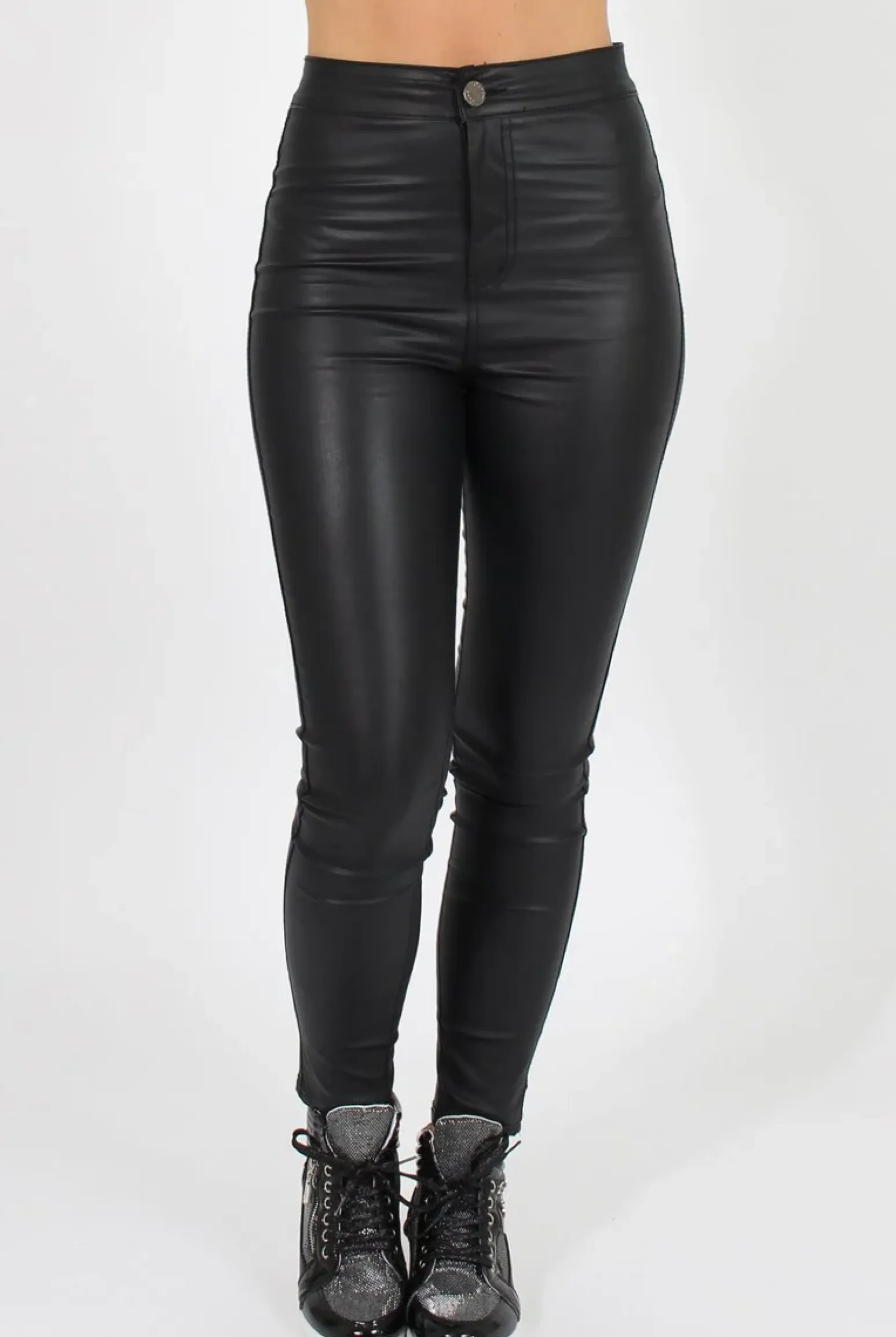 Rebellious Fashion Leather Look High Waisted Skinny Jeans - Gabbi