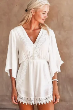 Rebellious Fashion Leigh White V Front Lace Trim Playsuit