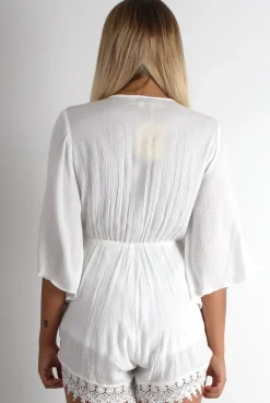 Rebellious Fashion Leigh White V Front Lace Trim Playsuit