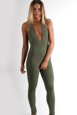 Rebellious Fashion Lela Khaki Halterneck Jumpsuit