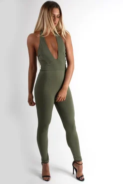 Rebellious Fashion Lela Khaki Halterneck Jumpsuit
