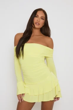Rebellious Fashion Lemon Bardot Ruffle Frill Hem Mini Dress - Lotty