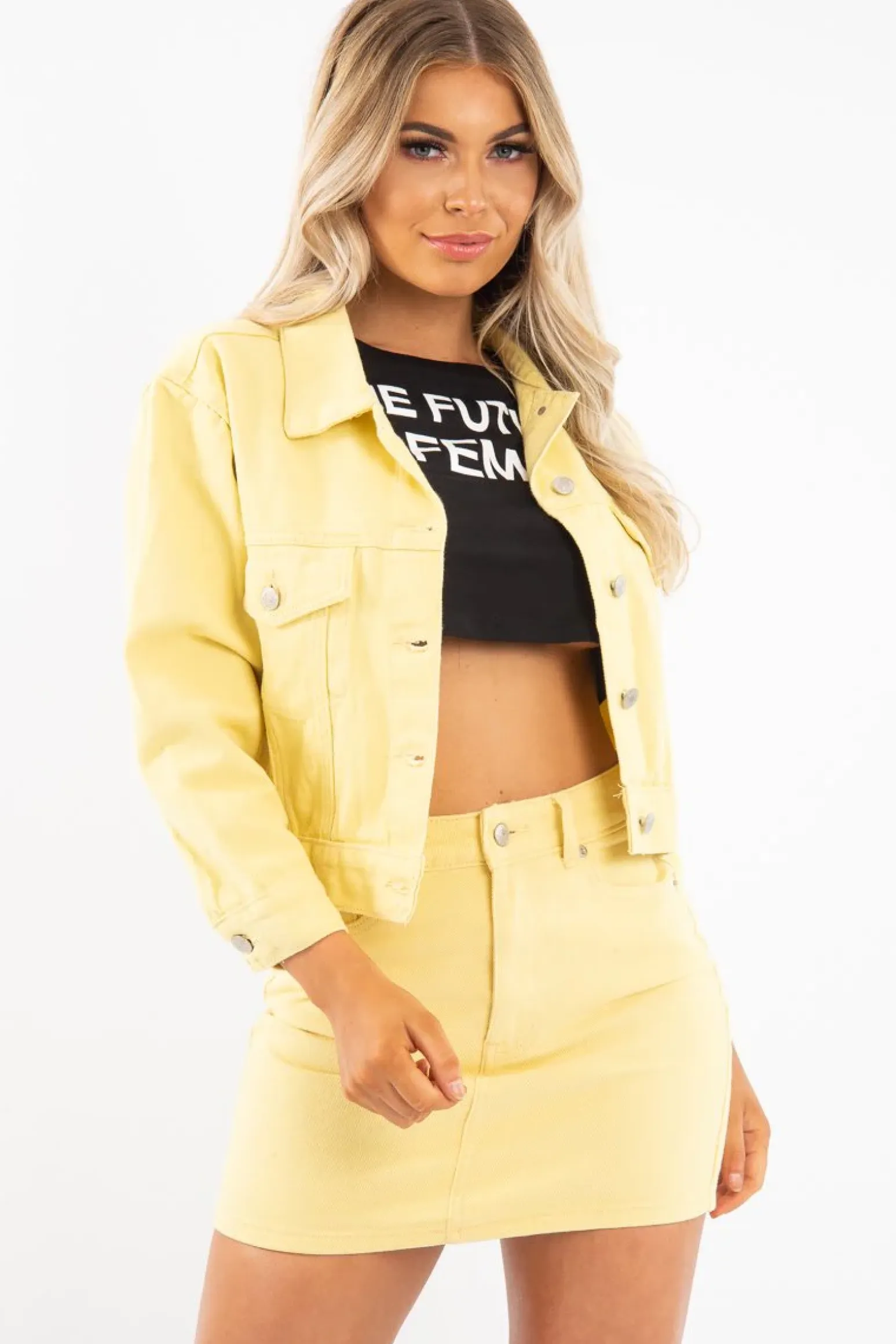 Rebellious Fashion Lemon Denim Skirt and Jacket Co-ord - Viola
