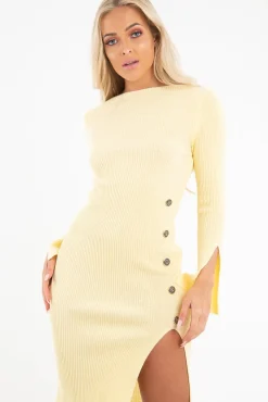 Rebellious Fashion Lemon Slash Neck Button Rib Knit Midi Dress - Haydee
