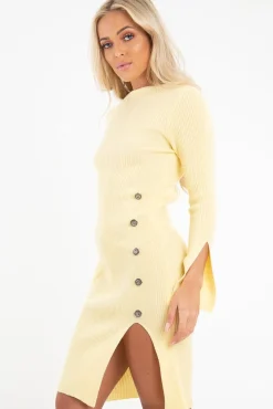 Rebellious Fashion Lemon Slash Neck Button Rib Knit Midi Dress - Haydee